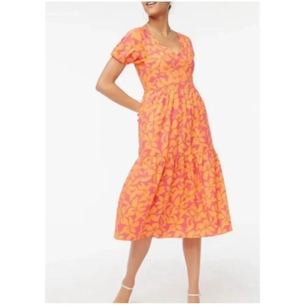 J. Crew Women’s Sz 12 Orange Pink Puff Sleeve Midi Dress Boho Stretch Cotton
